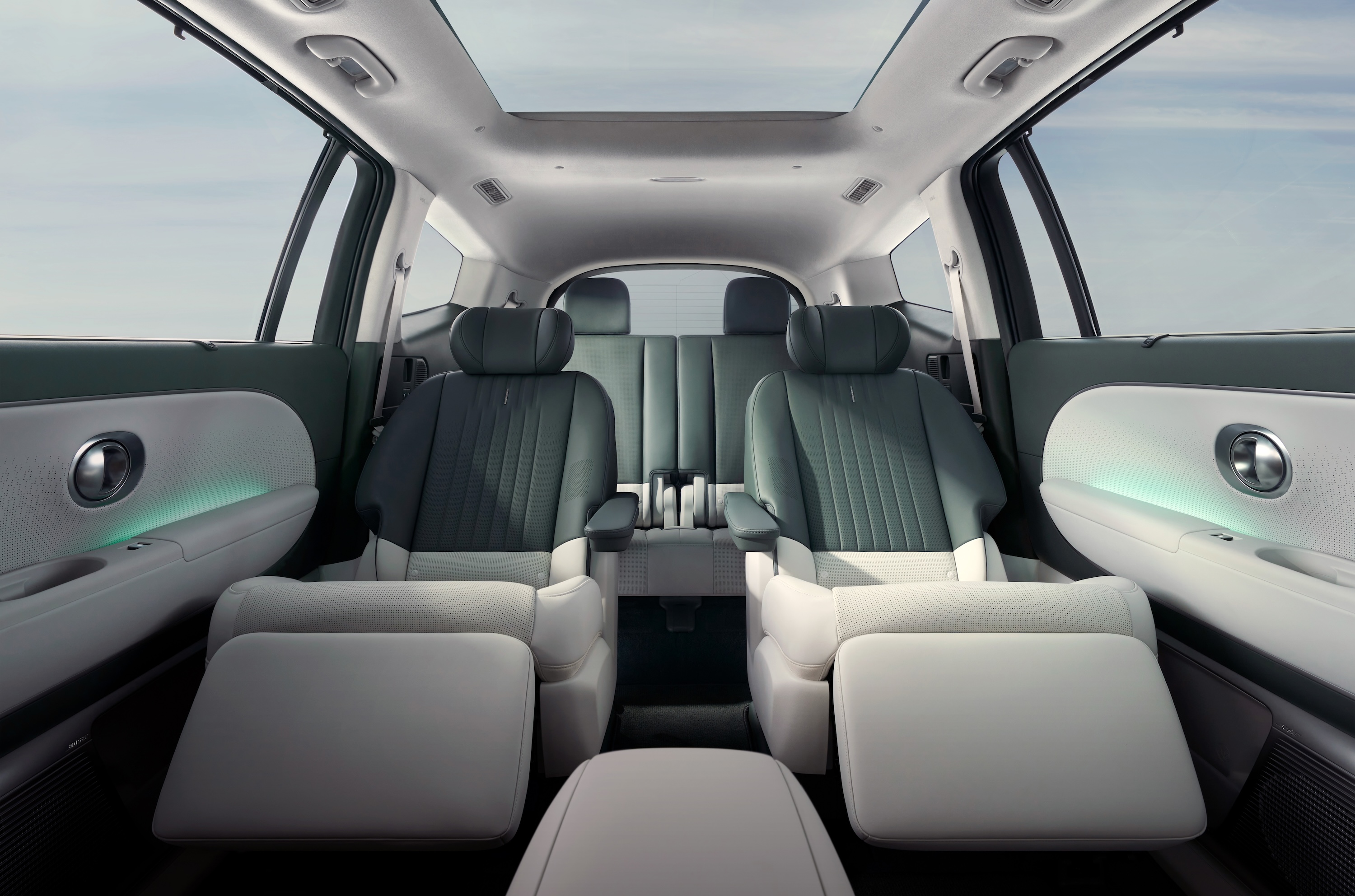 2nd row relaxation seats fully reclined inside the Hyundai IONIQ 9 electric SUV.