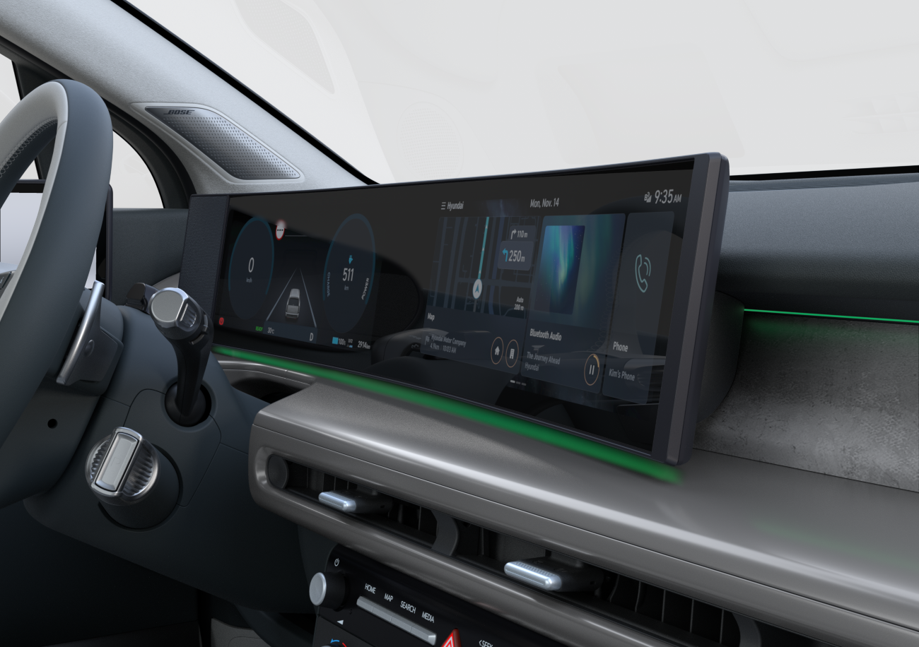 Curved panoramic display of the IONIQ 9 showing Features on Demand.